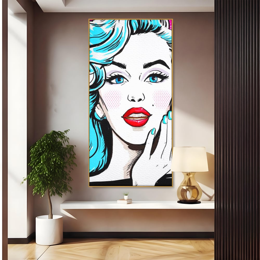 Tablou canvas cu tablou canvas cu femeie pop art, in rama de aluminiu auriu
